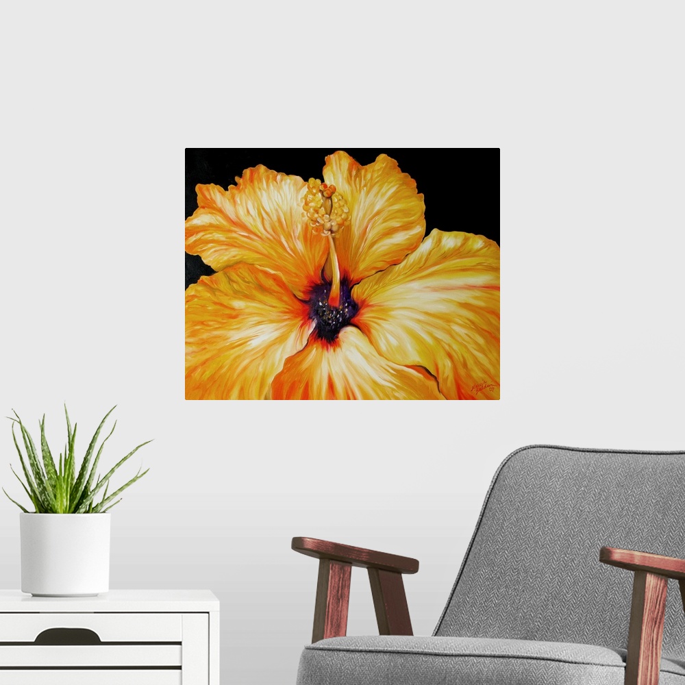 A modern room featuring Close-up painting of a yellow hibiscus flower on a black background.