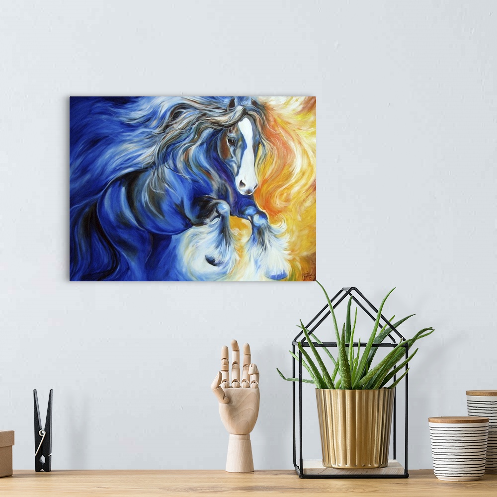 A bohemian room featuring Contemporary painting of a blue, white, and brown horse in action with a yellow, orange, and red ...