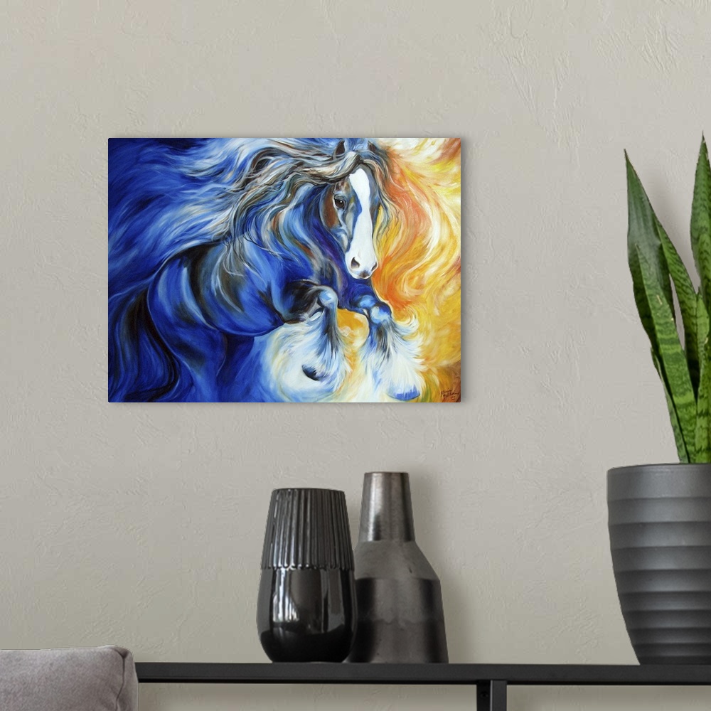 A modern room featuring Contemporary painting of a blue, white, and brown horse in action with a yellow, orange, and red ...