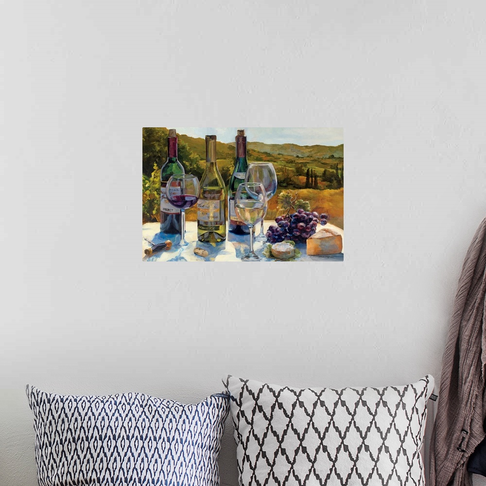 A bohemian room featuring Wall art that is a hybrid still life and landscape painting of cheese, grapes, and red and white ...