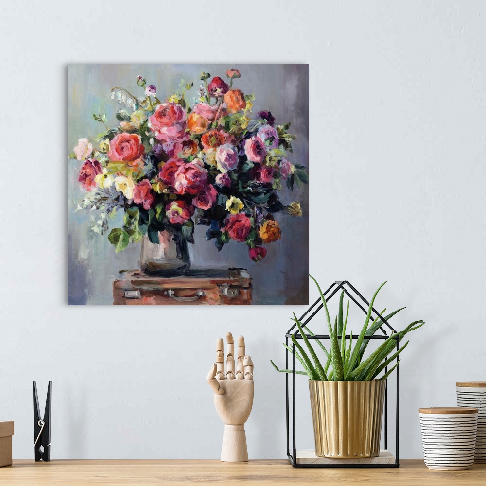 A bohemian room featuring Contemporary still-life painting of a bouquet of colorful flowers.