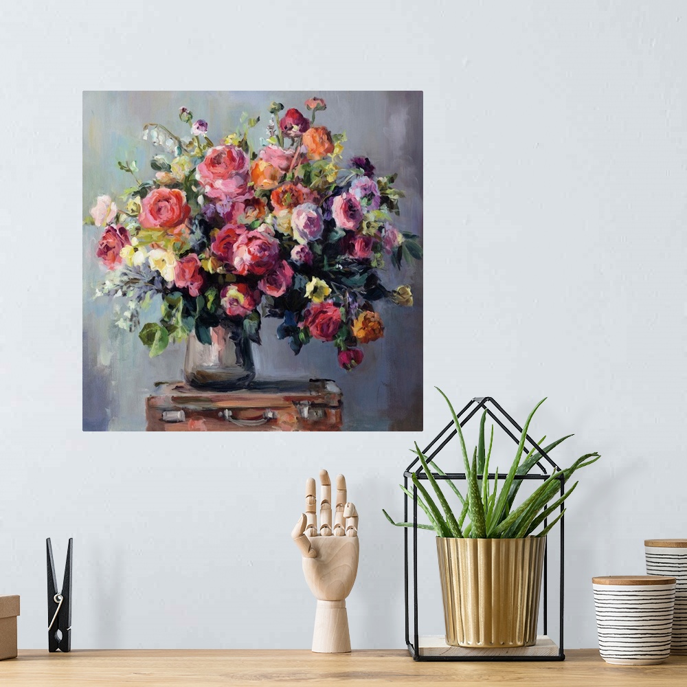 A bohemian room featuring Contemporary still-life painting of a bouquet of colorful flowers.