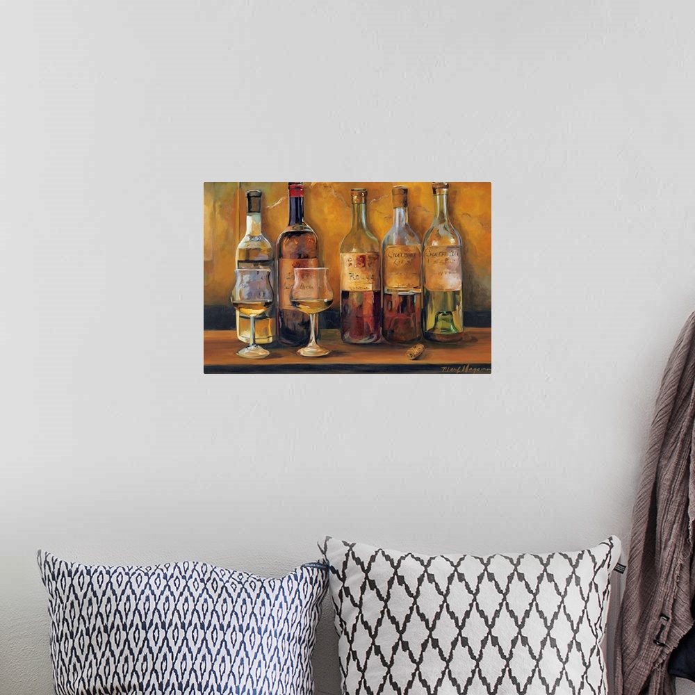 A bohemian room featuring This horizontal still life painting shows five uncorked white wines waiting to be sampled.