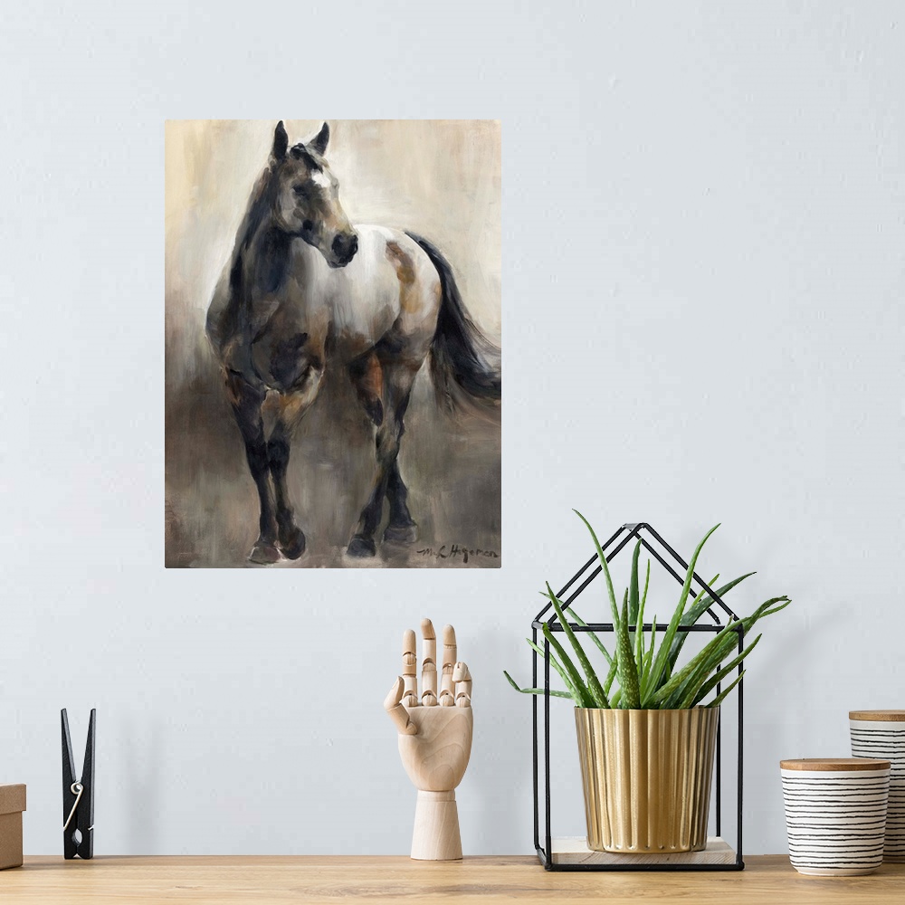 A bohemian room featuring Contemporary painting of a horse in shades of brown.