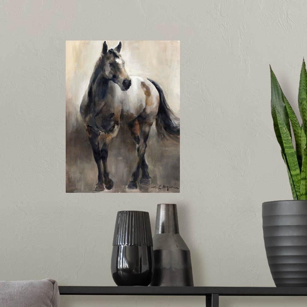 A modern room featuring Contemporary painting of a horse in shades of brown.