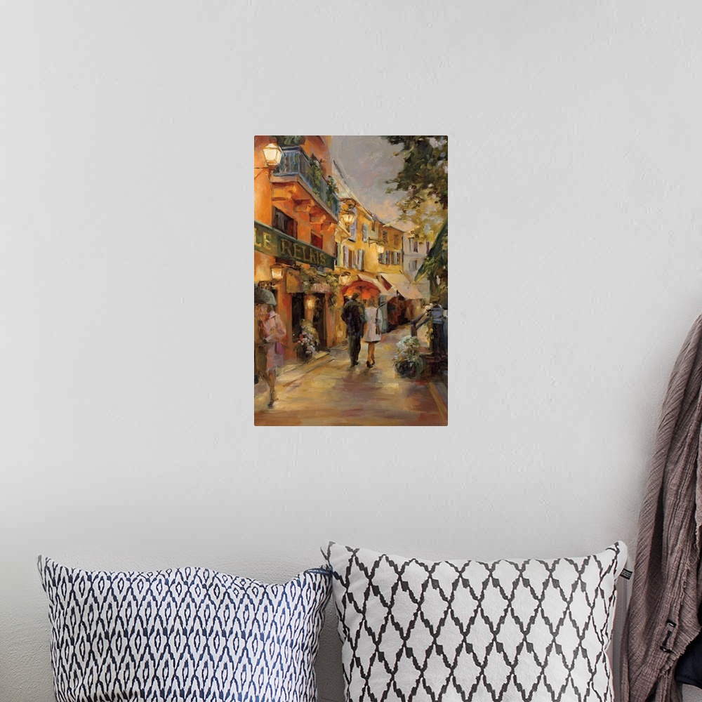 A bohemian room featuring Vertical, contemporary painting of a couple walking through the rain under an umbrella down a win...