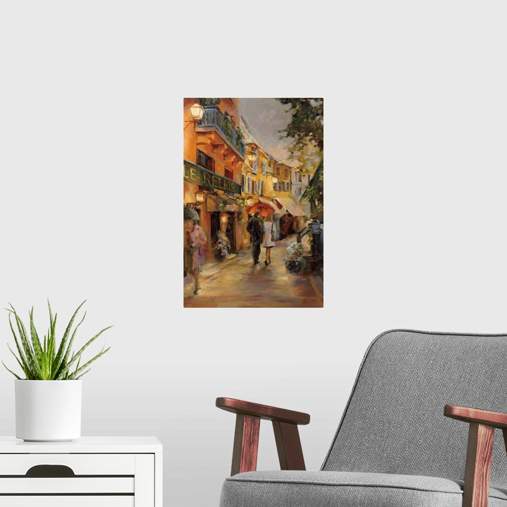A modern room featuring Vertical, contemporary painting of a couple walking through the rain under an umbrella down a win...