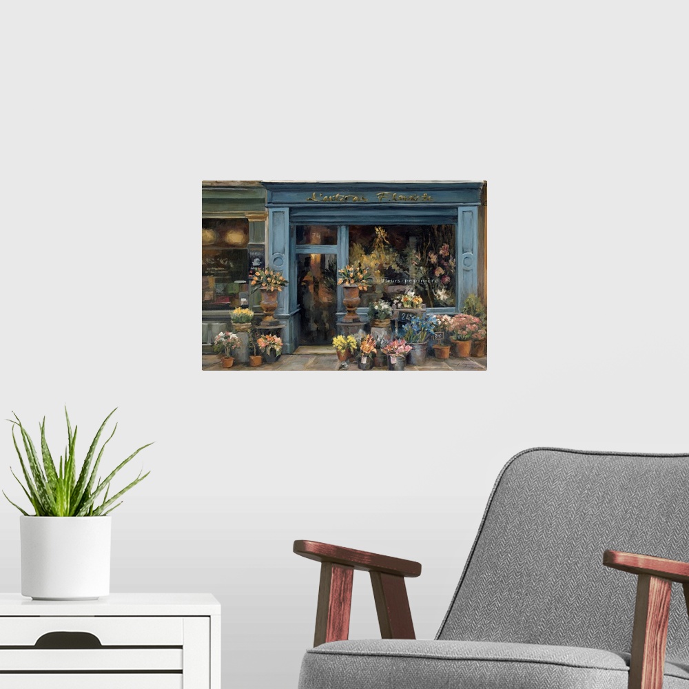 A modern room featuring This contemporary painting depicts a French flower shop surrounded with buckets crowded with fres...