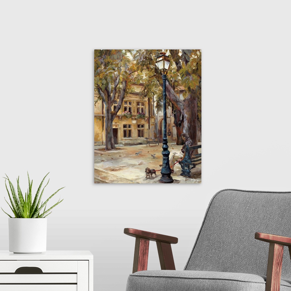A modern room featuring Painting of a man sitting on a bench with his small terrier on a leash looking around a park lamp...