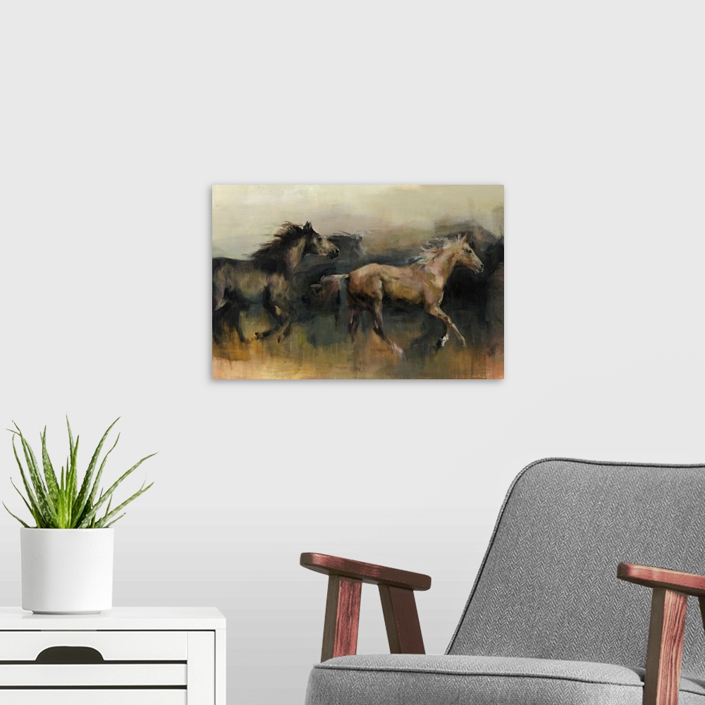 A modern room featuring Contemporary painting of a black and a brown horse galloping in the western desert.