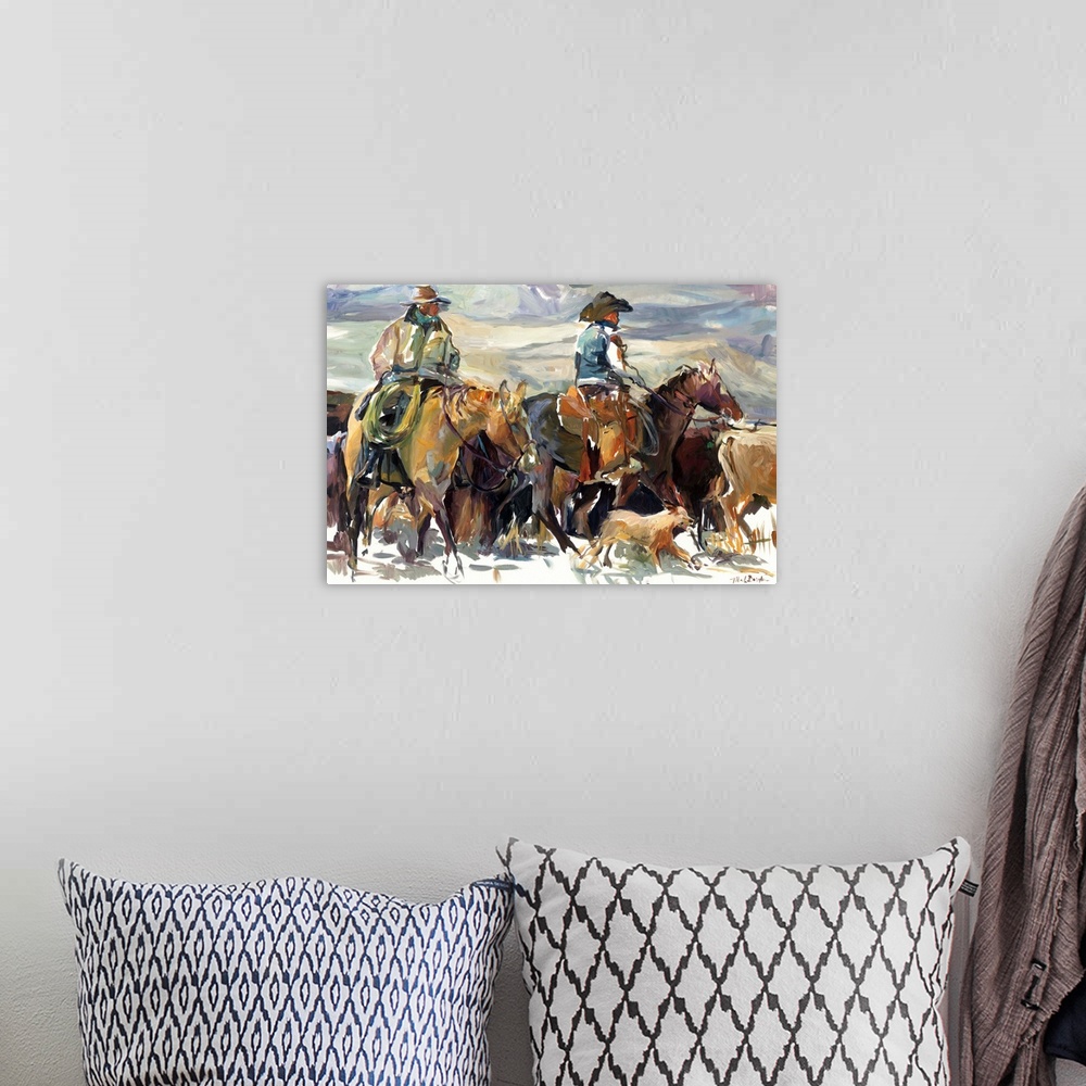 A bohemian room featuring Cowboys on horseback fording cattle through a river.