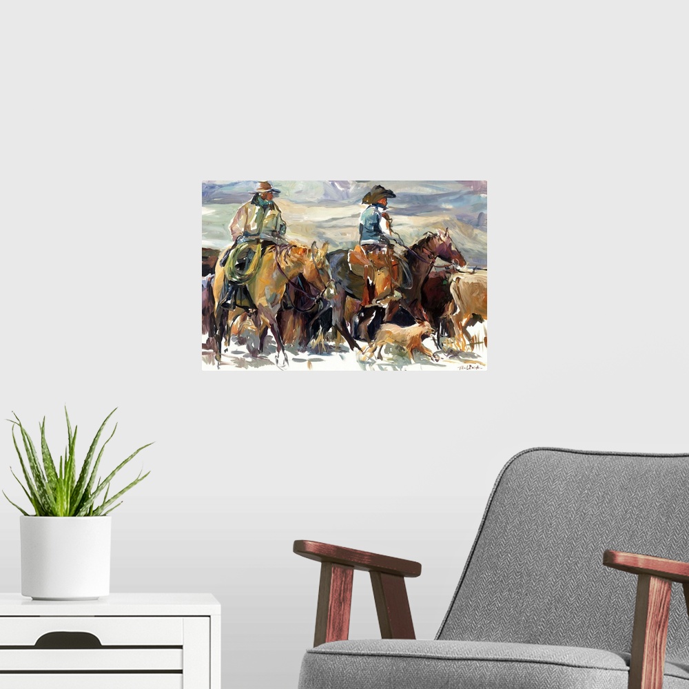 A modern room featuring Cowboys on horseback fording cattle through a river.