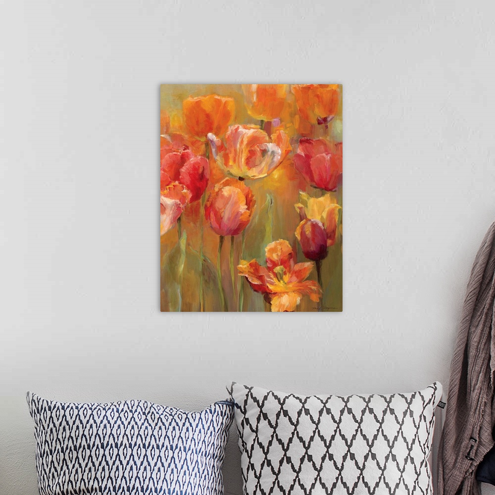 A bohemian room featuring Contemporary painting of several tulip flowers in different shades of orange and pink in warm lig...