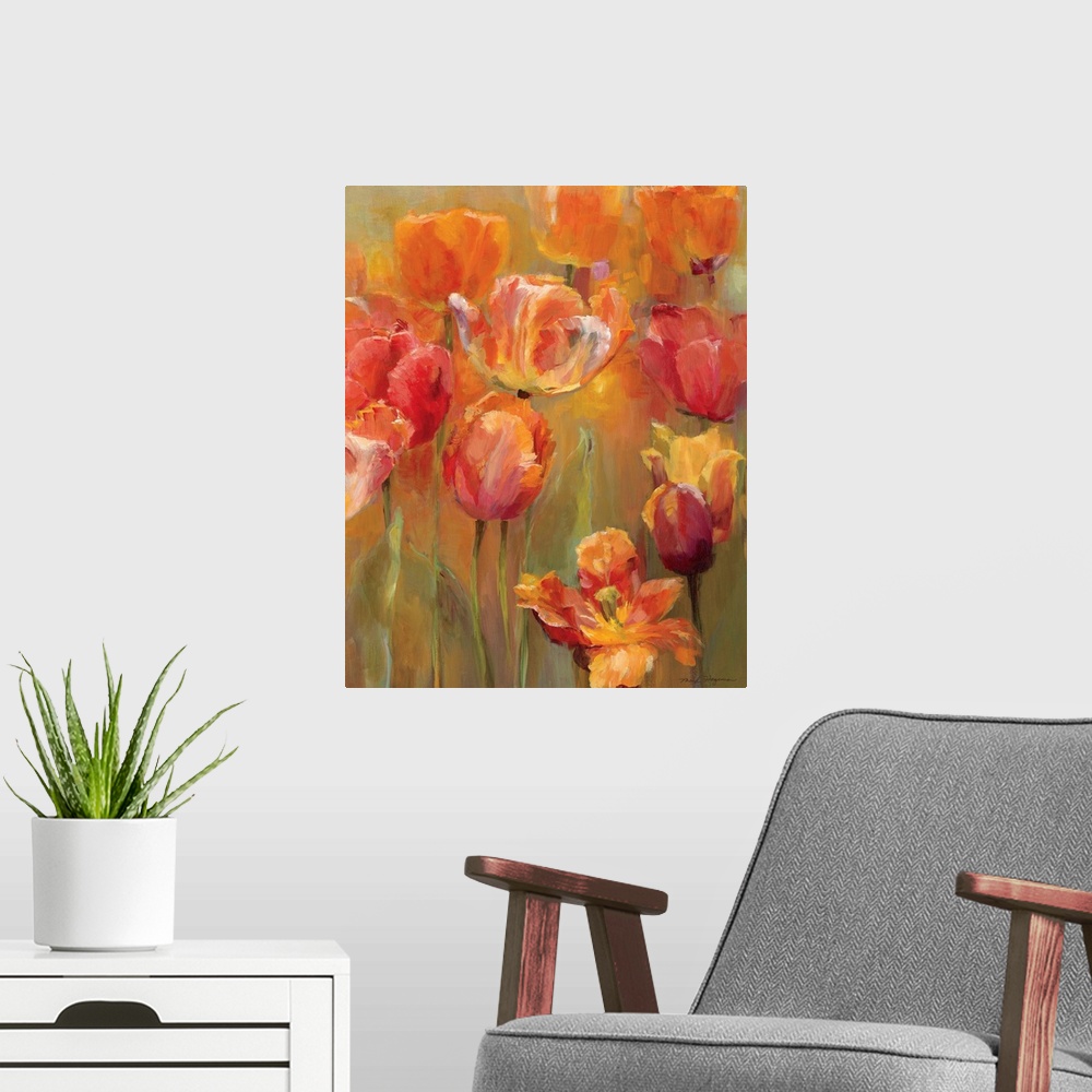 A modern room featuring Contemporary painting of several tulip flowers in different shades of orange and pink in warm lig...