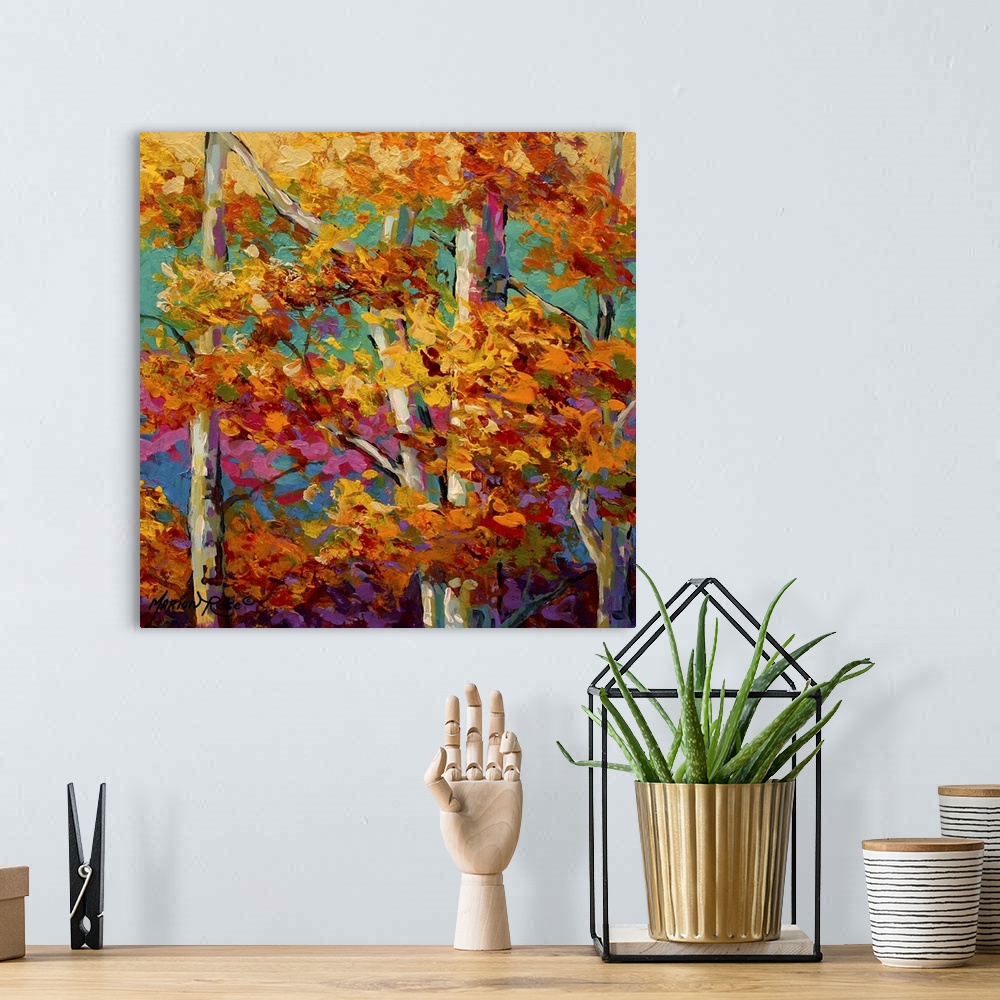 A bohemian room featuring Contemporary abstract painting of forest with trees covered in bright colorful fall foliage with ...