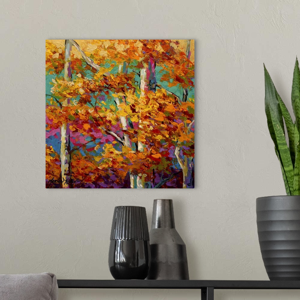 A modern room featuring Contemporary abstract painting of forest with trees covered in bright colorful fall foliage with ...