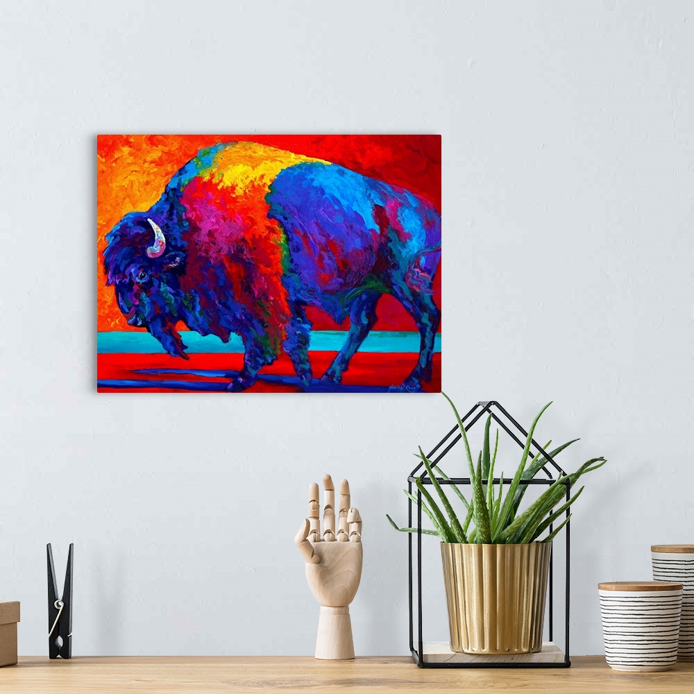 A bohemian room featuring Giant contemporary art focuses on the profile of a lone humpbacked shaggy-haired wild ox through ...