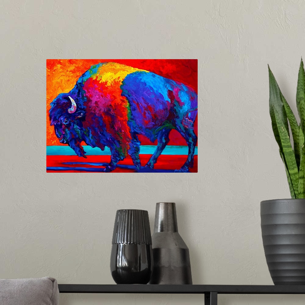 A modern room featuring Giant contemporary art focuses on the profile of a lone humpbacked shaggy-haired wild ox through ...