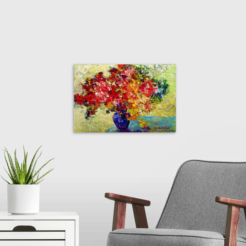 A modern room featuring Textured painting of flower filled vase on table.