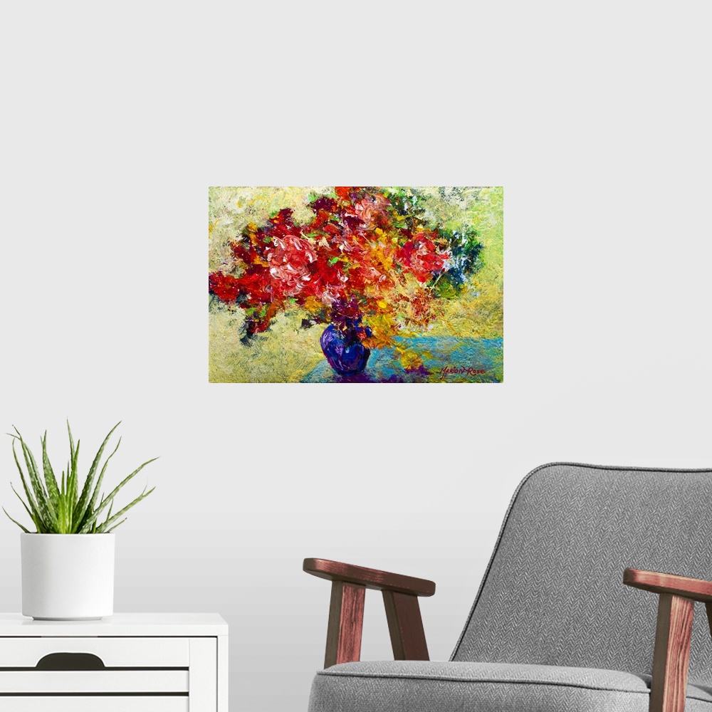 A modern room featuring Textured painting of flower filled vase on table.