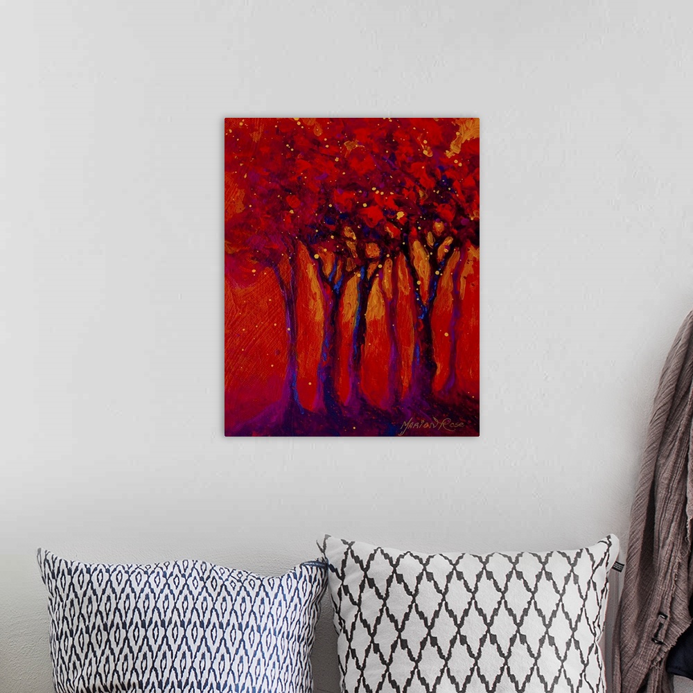 A bohemian room featuring Contemporary abstract painting of tree silhouettes with brightly covered dots and circles.
