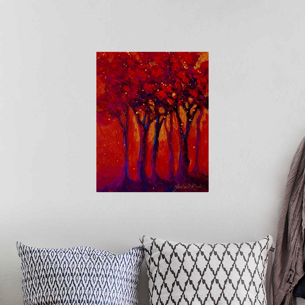A bohemian room featuring Contemporary abstract painting of tree silhouettes with brightly covered dots and circles.