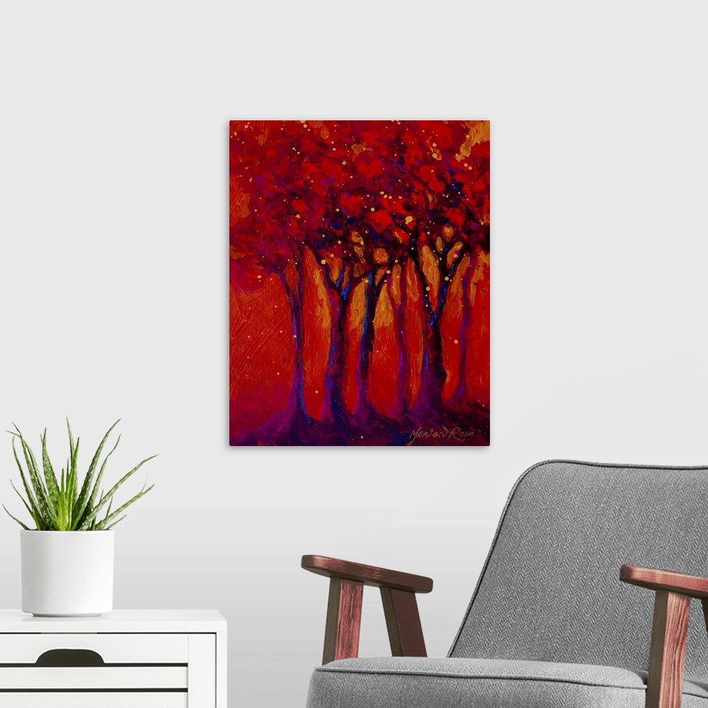 A modern room featuring Contemporary abstract painting of tree silhouettes with brightly covered dots and circles.