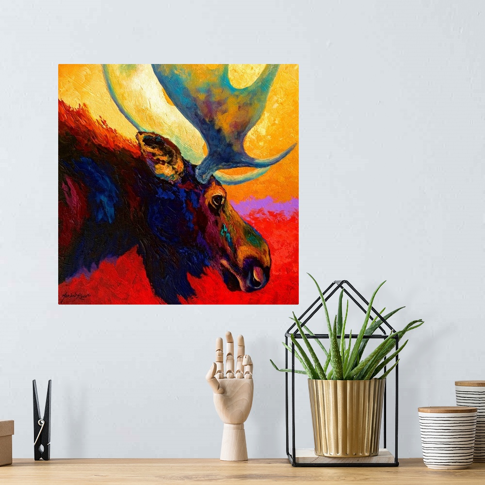 A bohemian room featuring Square, contemporary painting of the profile of a moose with large antlers, from the shoulders fo...