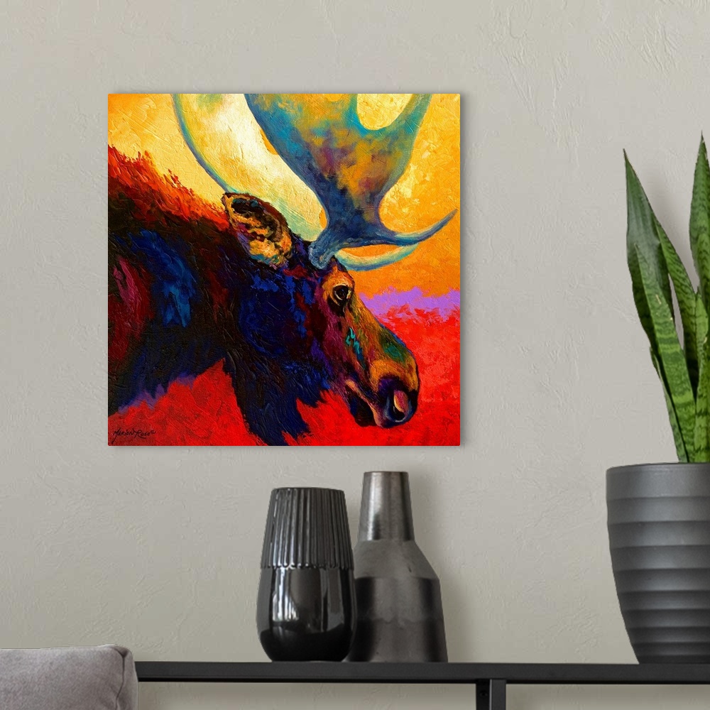 A modern room featuring Square, contemporary painting of the profile of a moose with large antlers, from the shoulders fo...