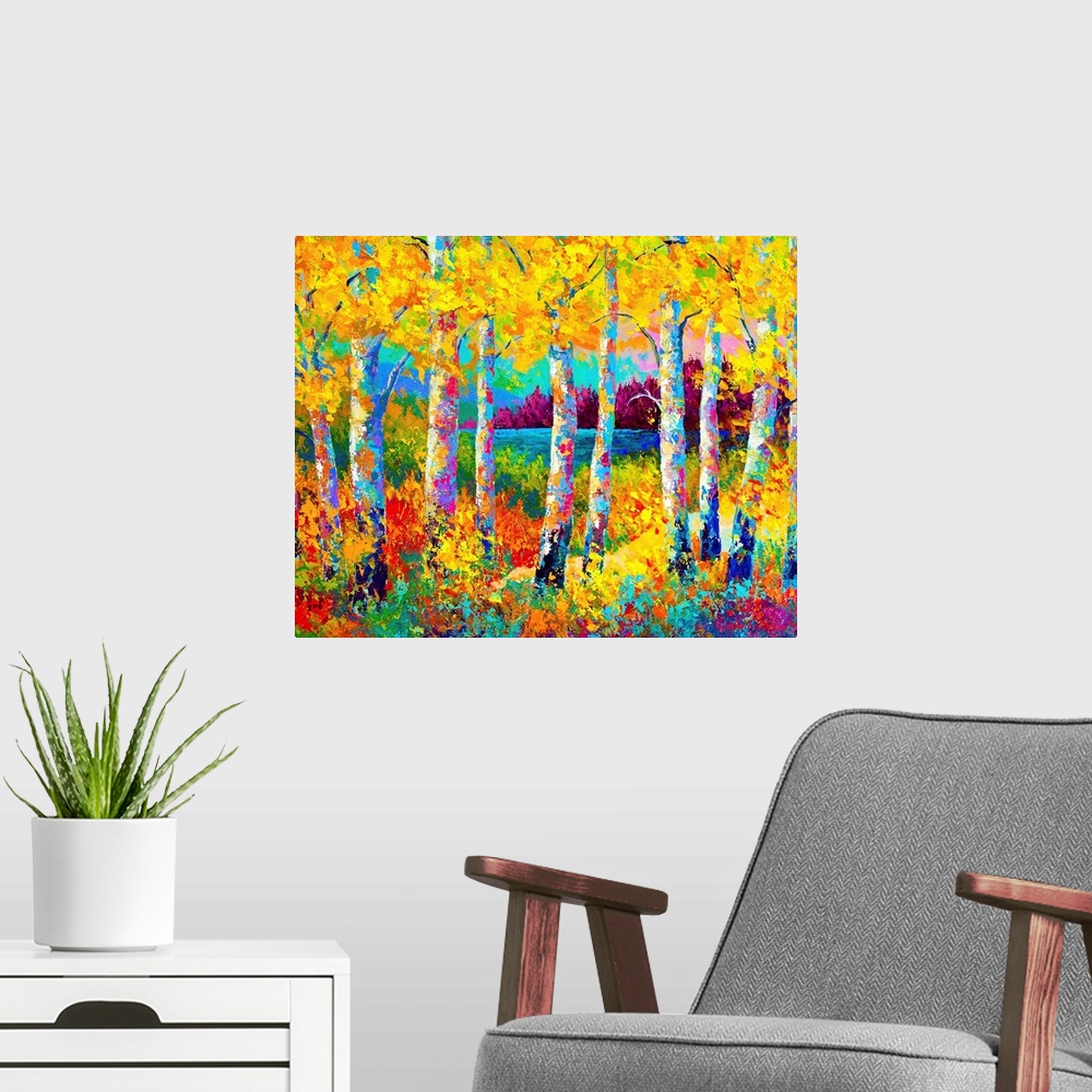 A modern room featuring Large landscape wall painting of a group of trees in the fall, surrounded by brush, a body of wat...
