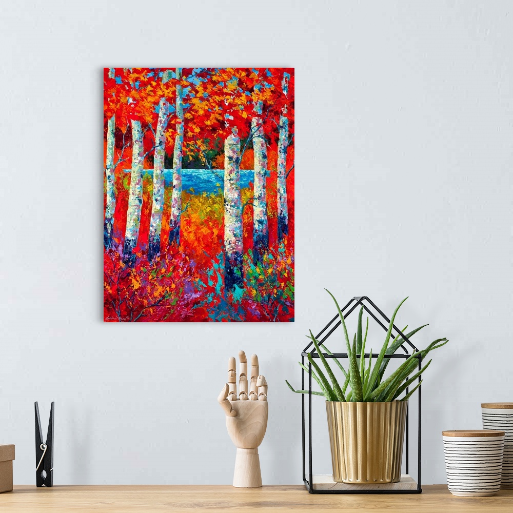 A bohemian room featuring This vertical painting depicts fall colors surrounding birch trees with a small river in the back...