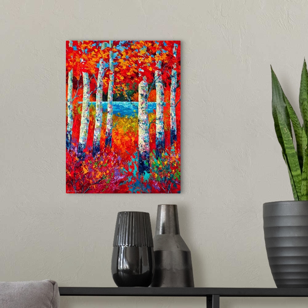 A modern room featuring This vertical painting depicts fall colors surrounding birch trees with a small river in the back...