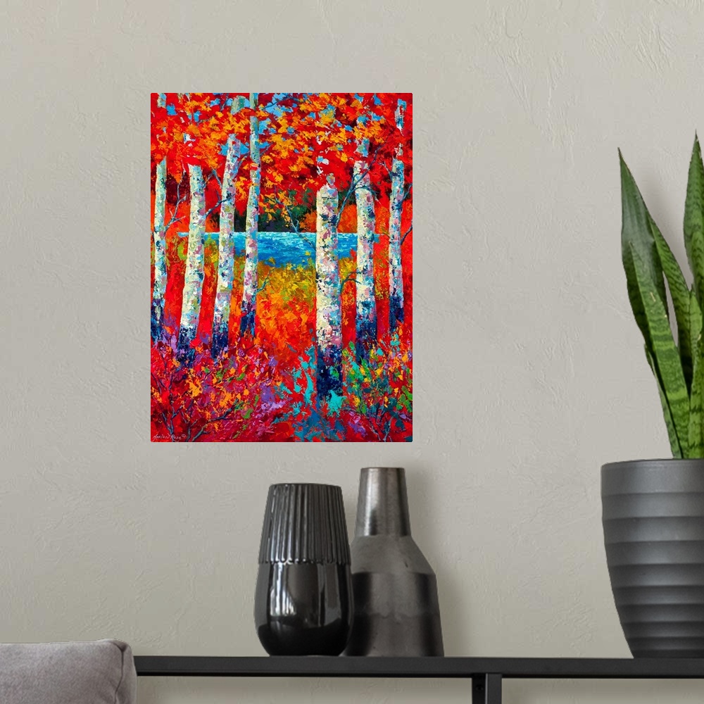 A modern room featuring This vertical painting depicts fall colors surrounding birch trees with a small river in the back...