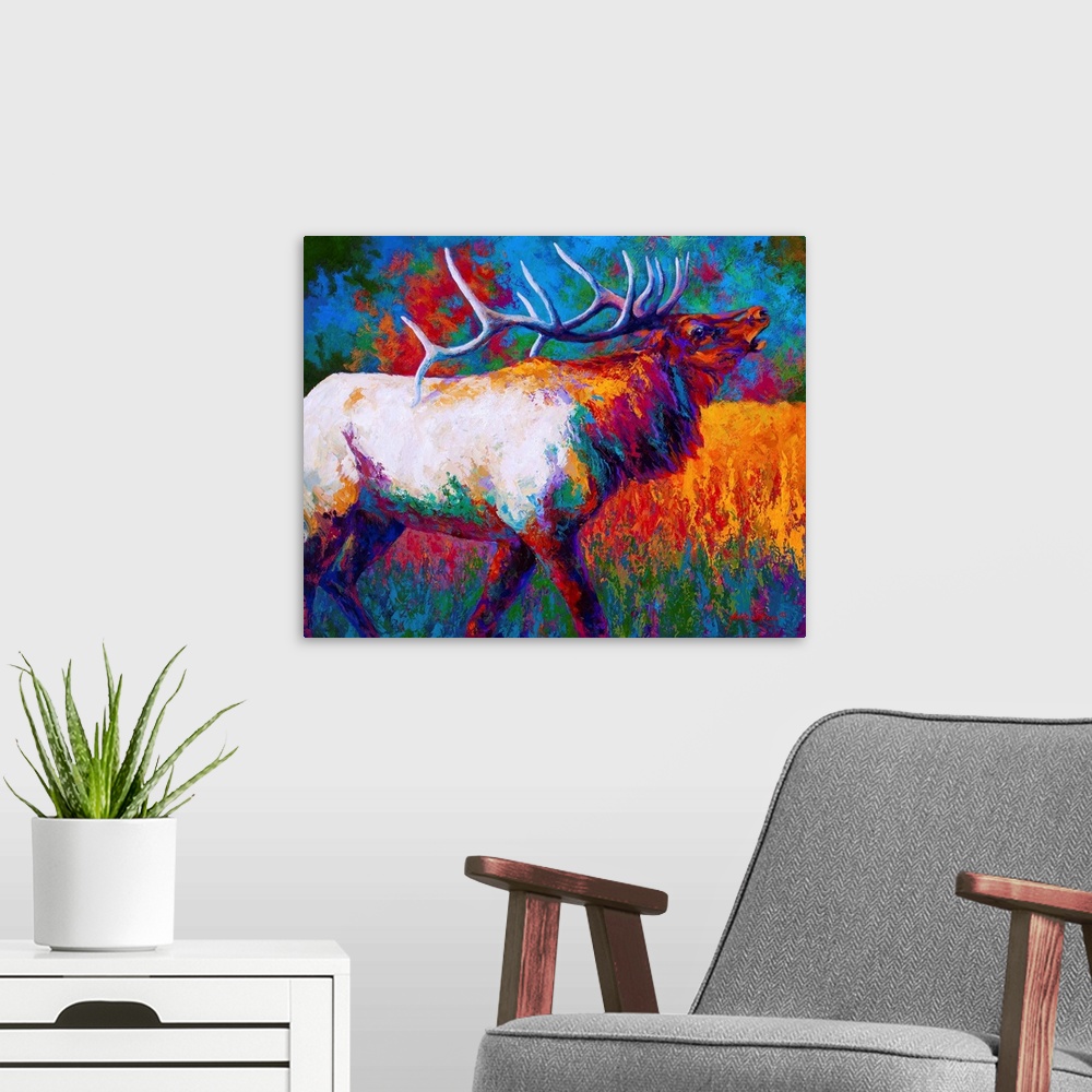 A modern room featuring Contemporary painting of an elk with a large set of antlers done in a wide array of bold colors.