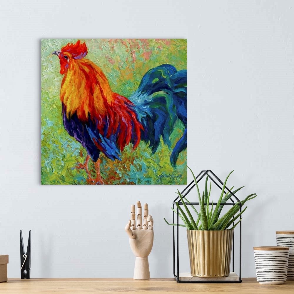 A bohemian room featuring Huge contemporary art shows a lone male domestic fowl through an abundance of bright warm and coo...