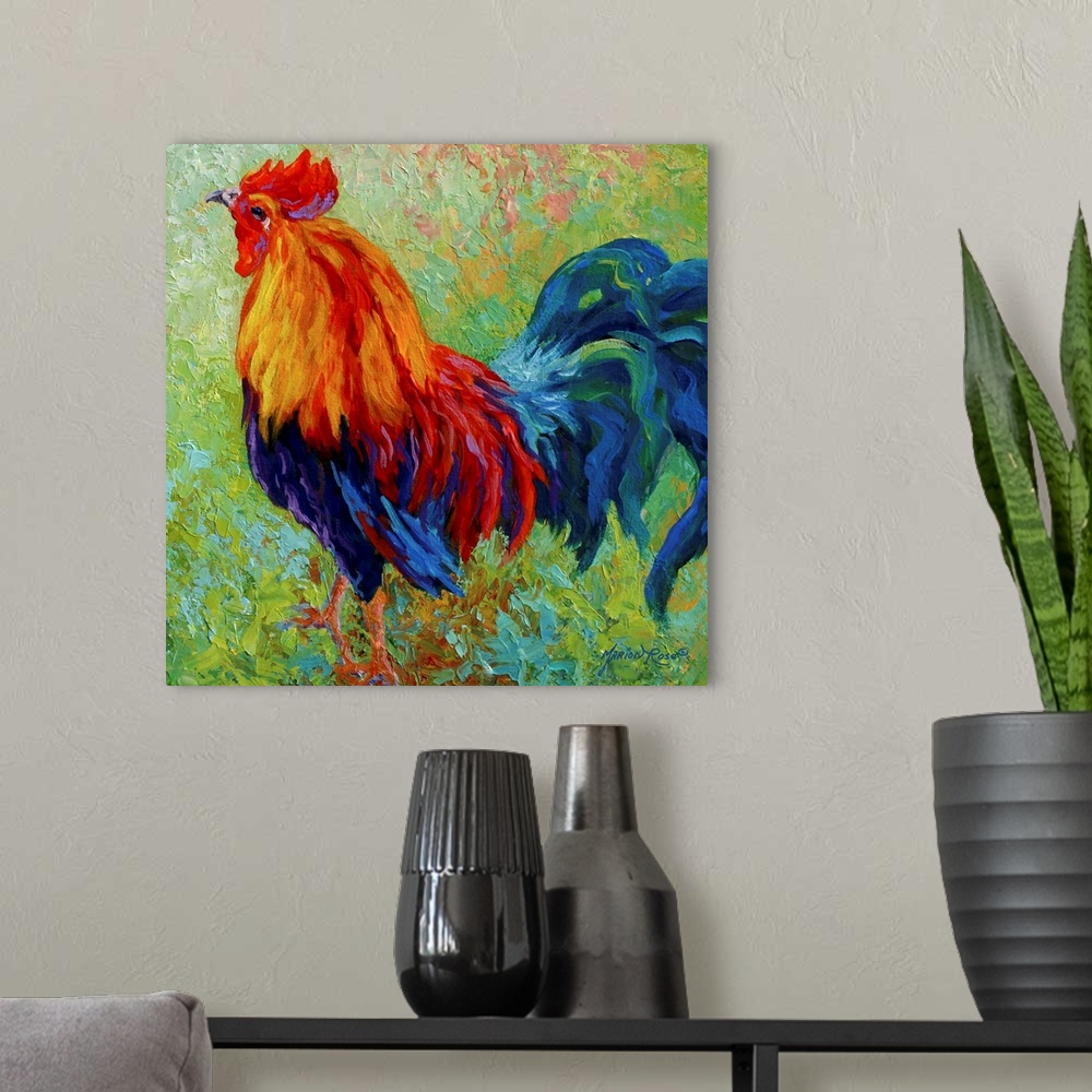 A modern room featuring Huge contemporary art shows a lone male domestic fowl through an abundance of bright warm and coo...