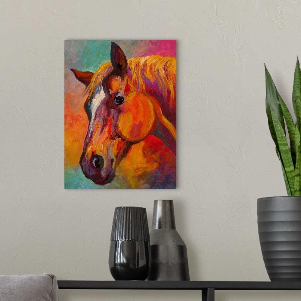 A modern room featuring Large, portrait painting of the profile of a horses face.  Painted using thick, heavy brushstroke...