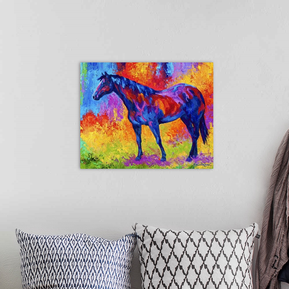 A bohemian room featuring Abstract painting on canvas of a horse made up of various bright colors.