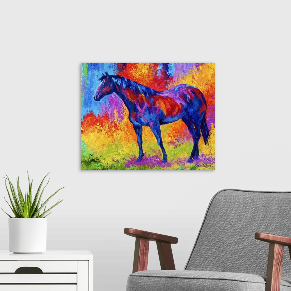 A modern room featuring Abstract painting on canvas of a horse made up of various bright colors.