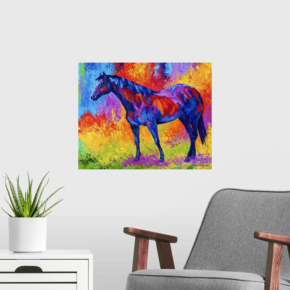 A modern room featuring Abstract painting on canvas of a horse made up of various bright colors.