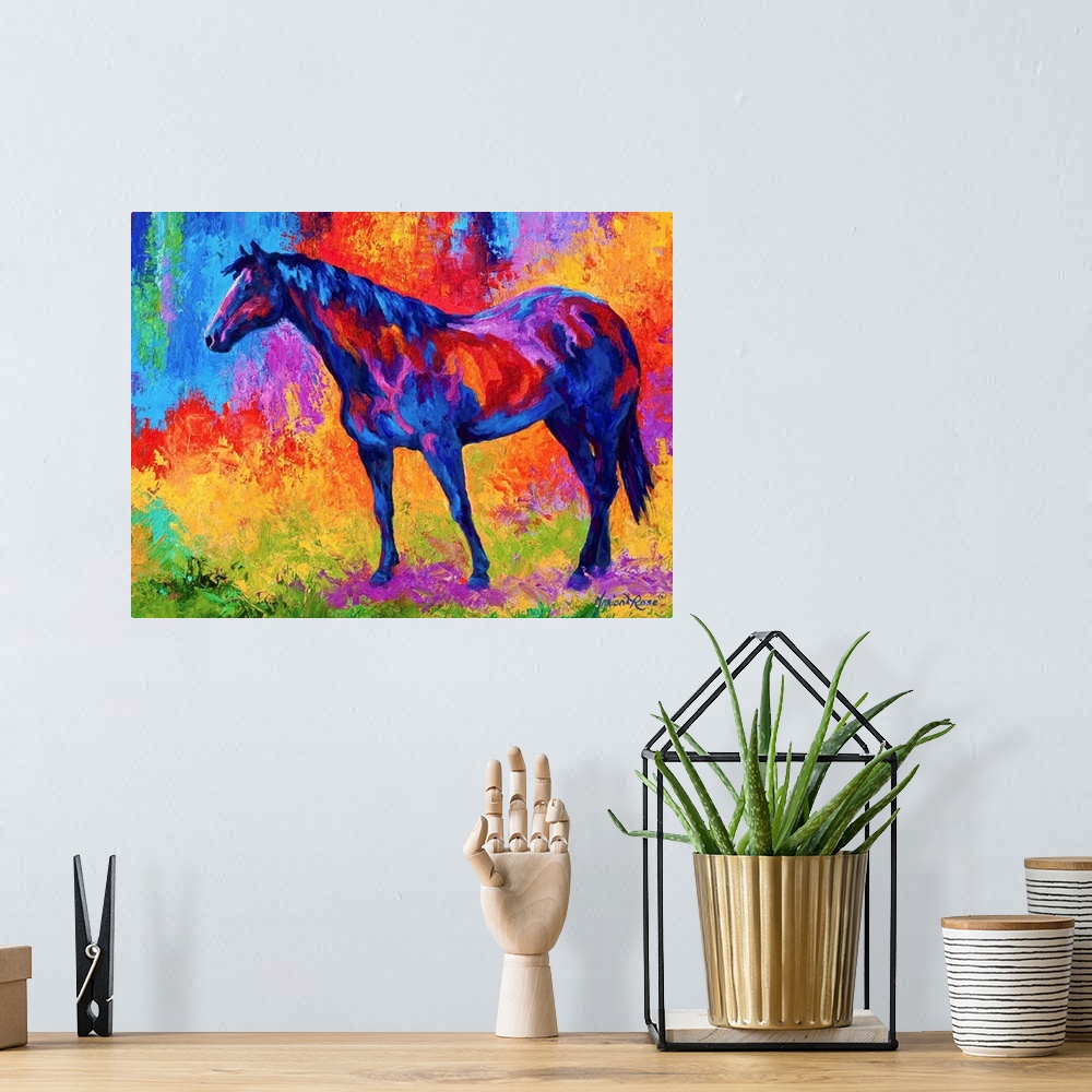 A bohemian room featuring Brightly colored painting of a domestic female horse in a pasture, done in extremely saturated co...