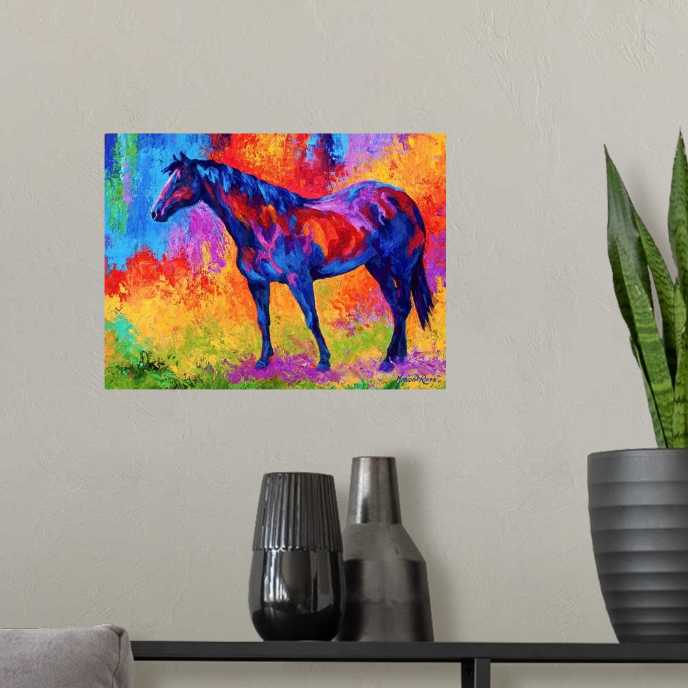 A modern room featuring Brightly colored painting of a domestic female horse in a pasture, done in extremely saturated co...