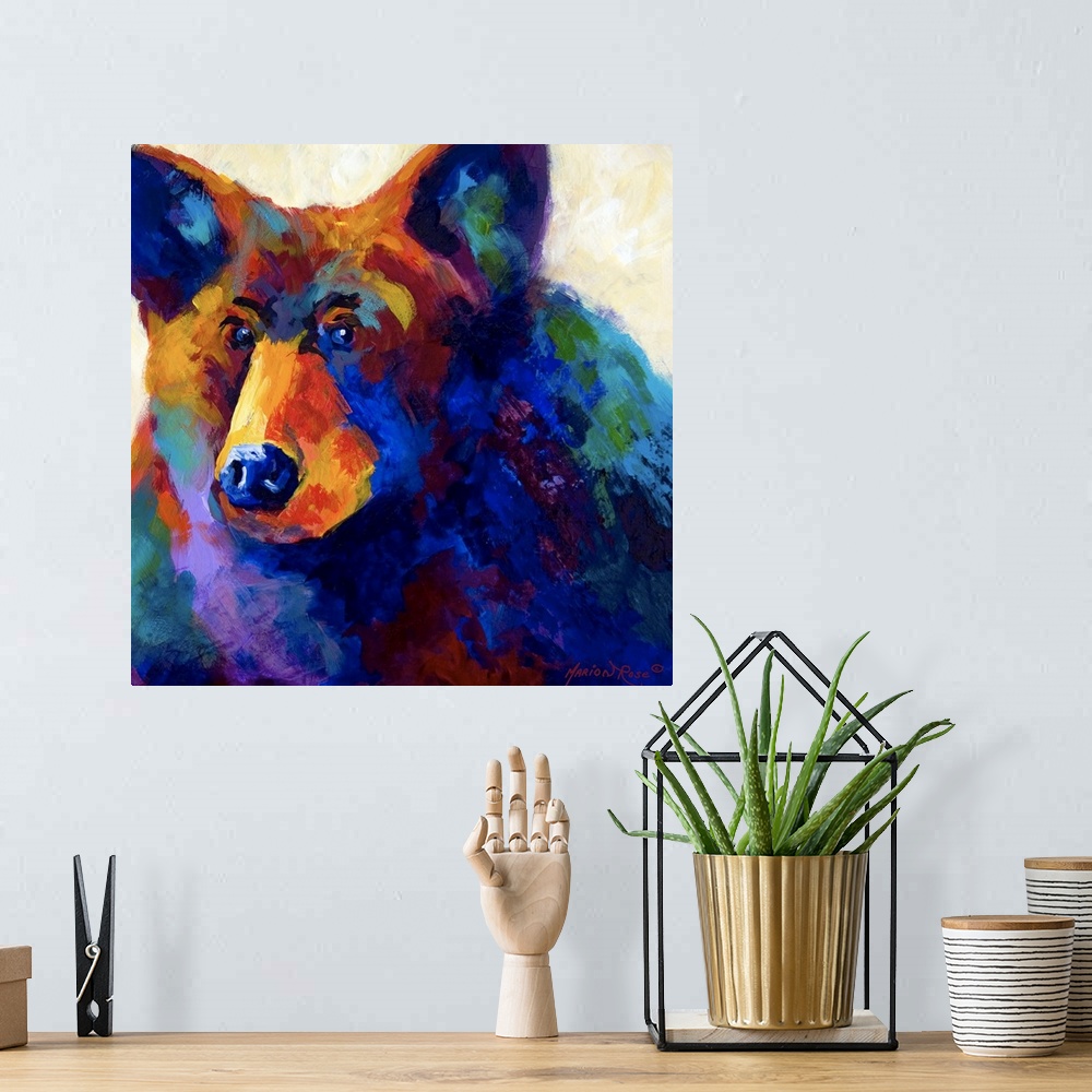 A bohemian room featuring Square abstract painting of a bear with short brush textures over it.