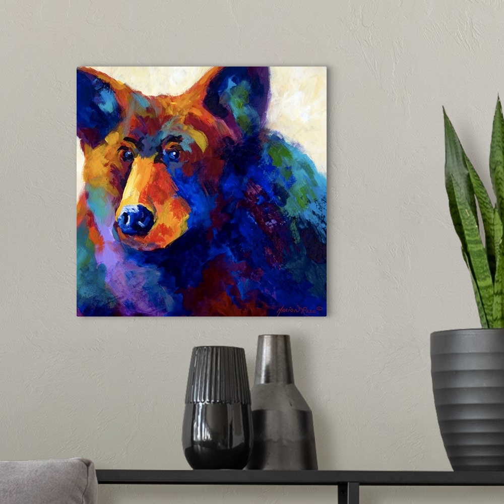 A modern room featuring Square abstract painting of a bear with short brush textures over it.