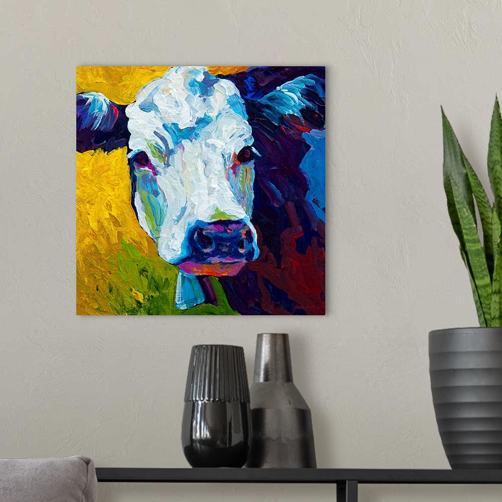 A modern room featuring This bovine beauty is ready to grace the walls of your living room or kitchen. A spirited use of ...