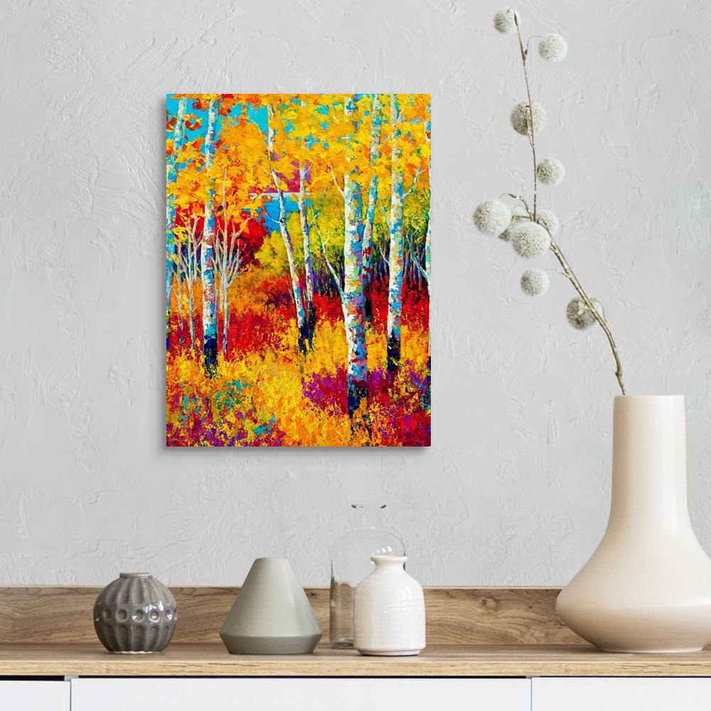 A farmhouse room featuring Contemporary painting of colorful fall forest with undergrowth.