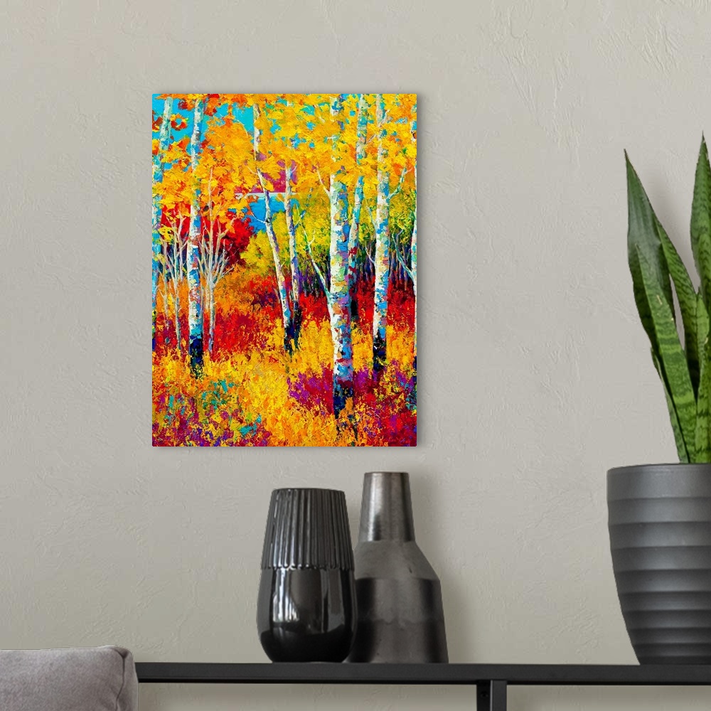 A modern room featuring Contemporary painting of colorful fall forest with undergrowth.