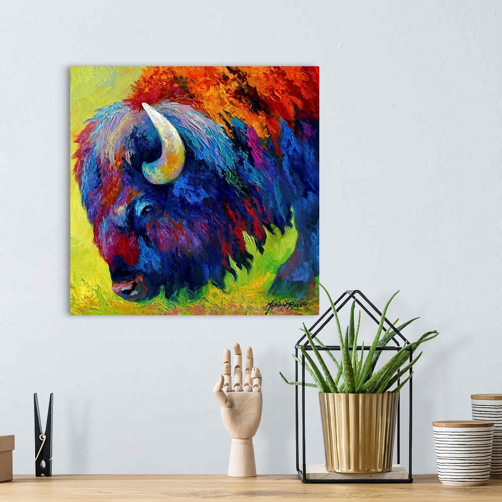 A bohemian room featuring Square abstract painting of a bison with bright colors.