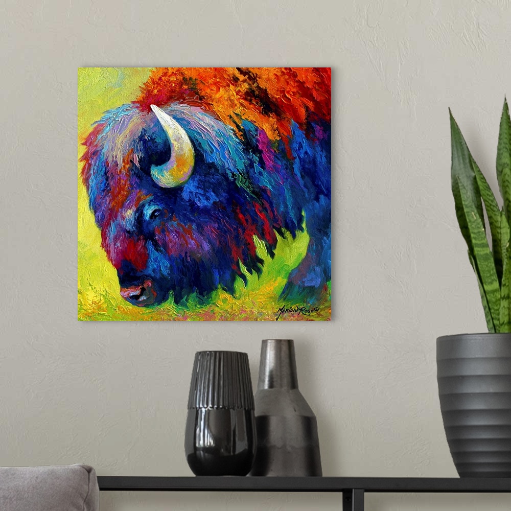 A modern room featuring Square abstract painting of a bison with bright colors.
