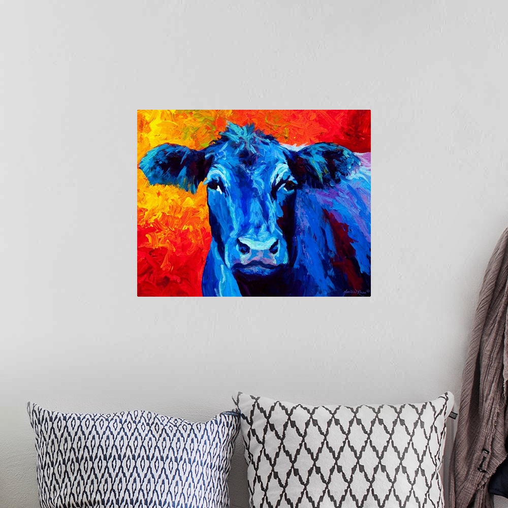 A bohemian room featuring A contemporary portrait of a barn yard animal painted with bold brushstrokes and unusual colors.
